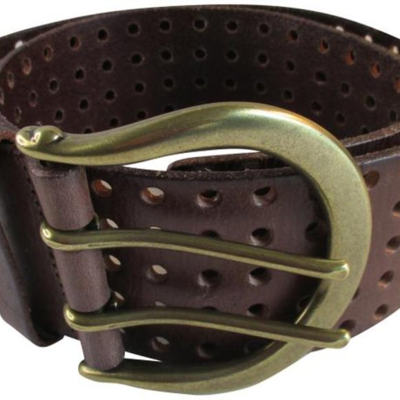 *Linea Pelle Brown Boho Chestnut Perforated Double Prong Buckle Belt - Picture 2 of 7